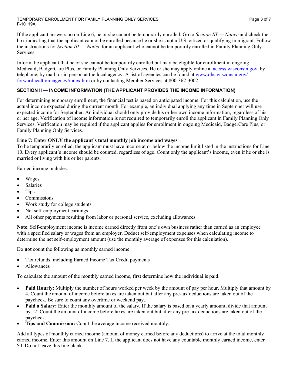 Instructions for Form F-10119 Temporary Enrollment for Family Planning Only Services - Wisconsin, Page 3