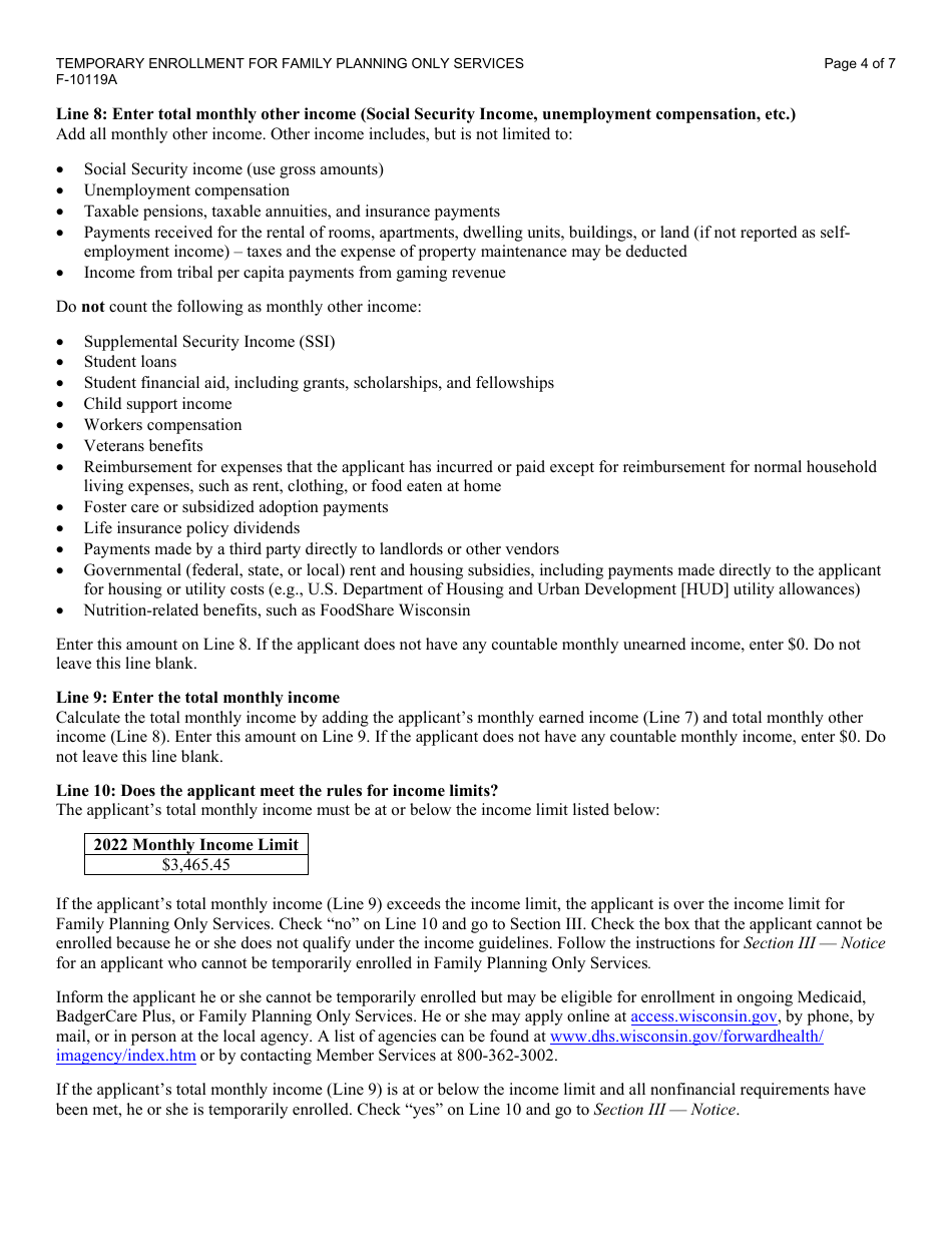 Instructions for Form F-10119 Temporary Enrollment for Family Planning Only Services - Wisconsin, Page 4