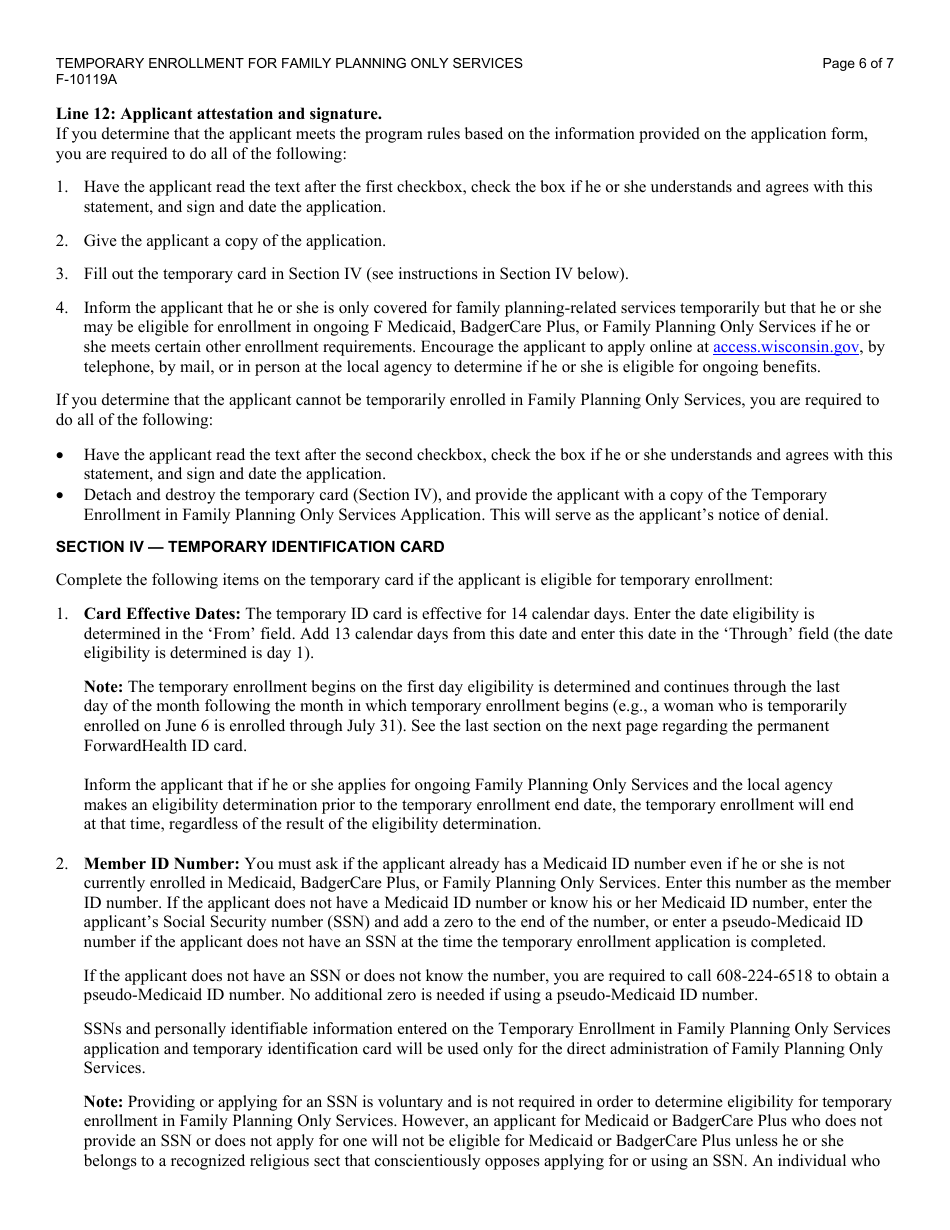 Instructions for Form F-10119 Temporary Enrollment for Family Planning Only Services - Wisconsin, Page 6