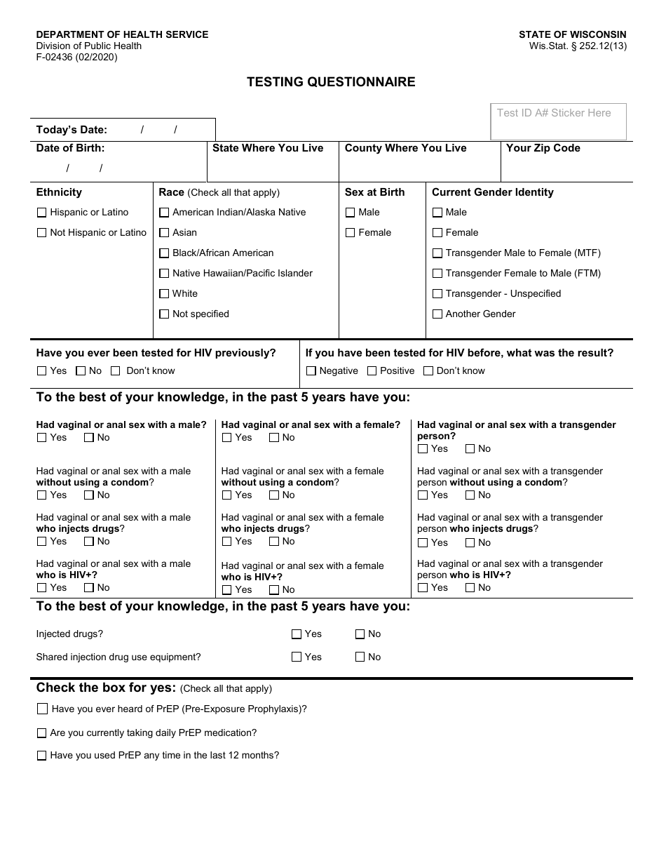 Form F-02436 Testing Questionnaire - Wisconsin, Page 1