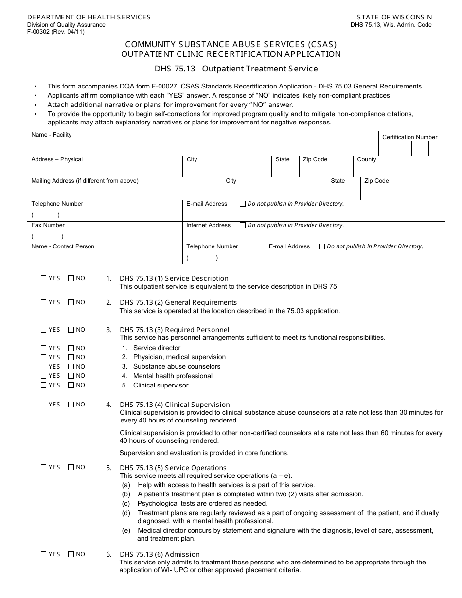 Form F-00302 Community Substance Abuse Services (Csas) Outpatient Clinic Recertification Application - DHS 75.13 Outpatient Treatment Service - Wisconsin, Page 1