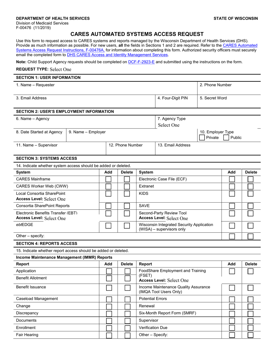 Form F-00476 Cares Automated Systems Access Request - Wisconsin, Page 1