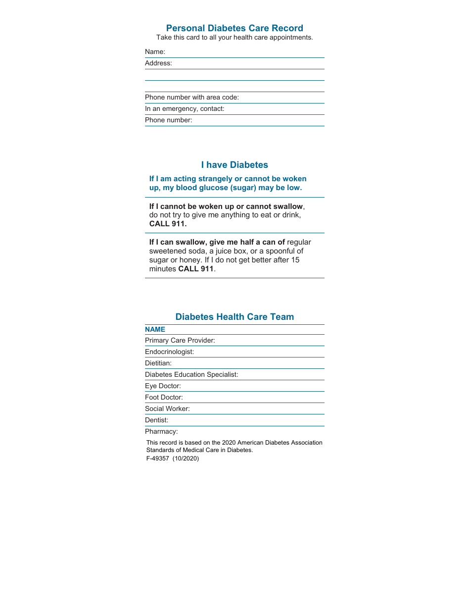 Form F-49357 Personal Diabetes Care Record - Wisconsin, Page 1