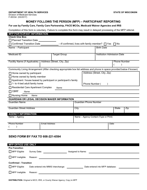 Form F-00334 Money Follows the Person (Mfp) - Participant Reporting - Wisconsin