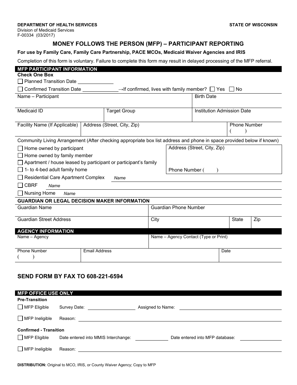 Form F-00334 Money Follows the Person (Mfp) - Participant Reporting - Wisconsin, Page 1