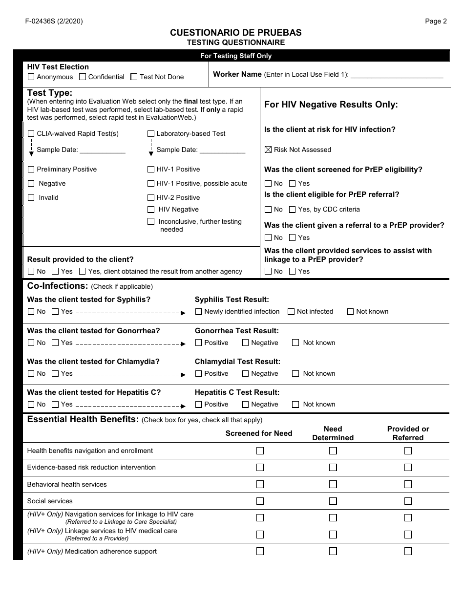 Formulario F-02436 Cuestionario De Pruebas - Wisconsin (Spanish), Page 2