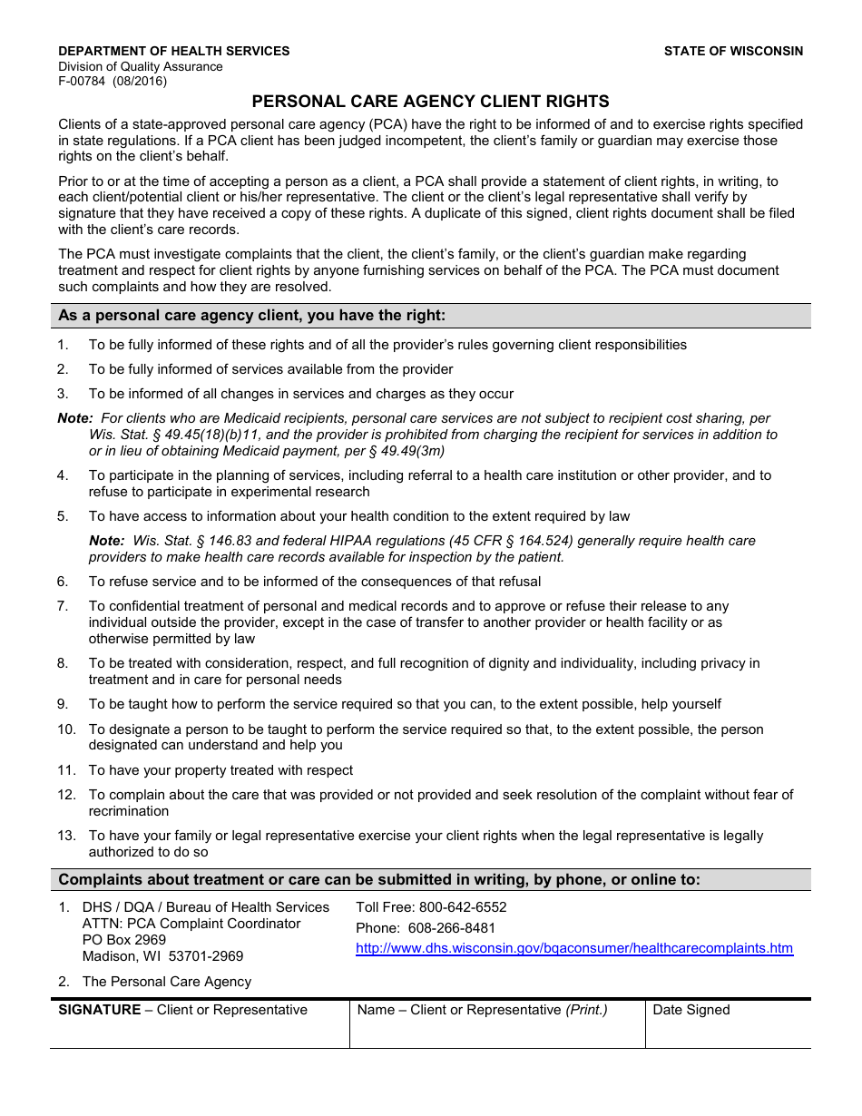 Form F-00784 Personal Care Agency Client Rights - Wisconsin, Page 1
