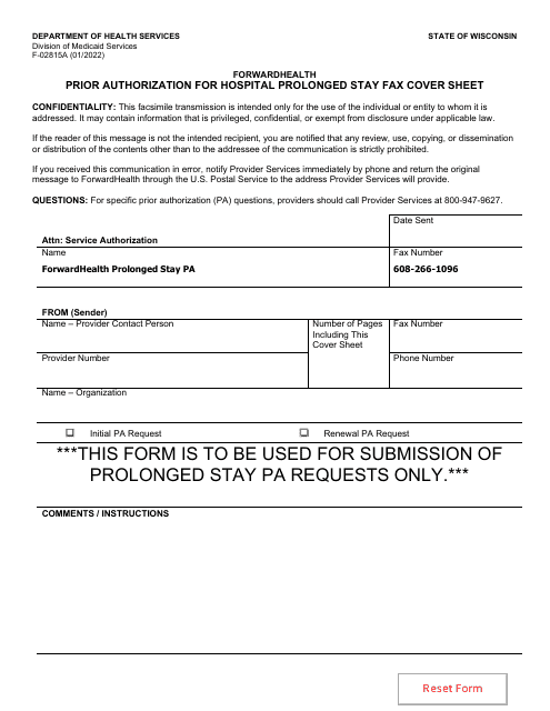 Form F-02815A Prior Authorization for Hospital Prolonged Stay Fax Cover Sheet - Wisconsin