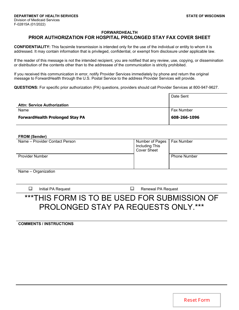 Form F-02815A Prior Authorization for Hospital Prolonged Stay Fax Cover Sheet - Wisconsin, Page 1