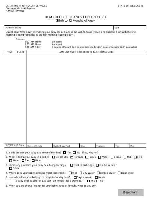 Form F-01066 Healthcheck Infant's Food Record (Birth to 12 Months of Age) - Wisconsin