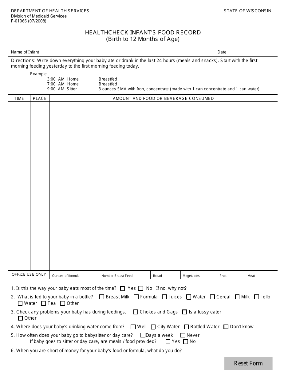 Form F-01066 Healthcheck Infants Food Record (Birth to 12 Months of Age) - Wisconsin, Page 1