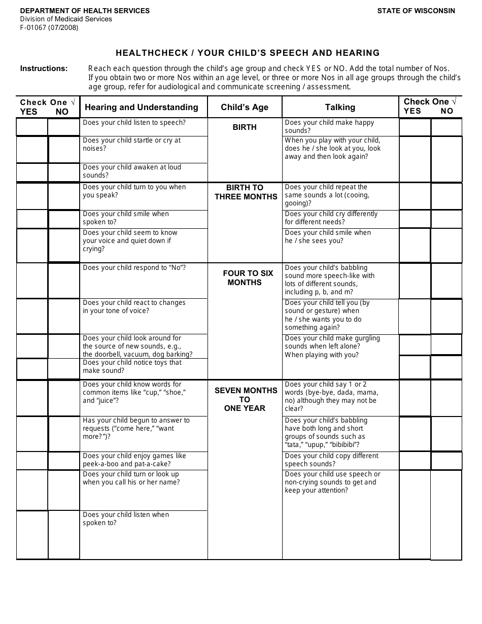 Form F-01067 Healthcheck Your Childs Speech and Hearing - Wisconsin, Page 1