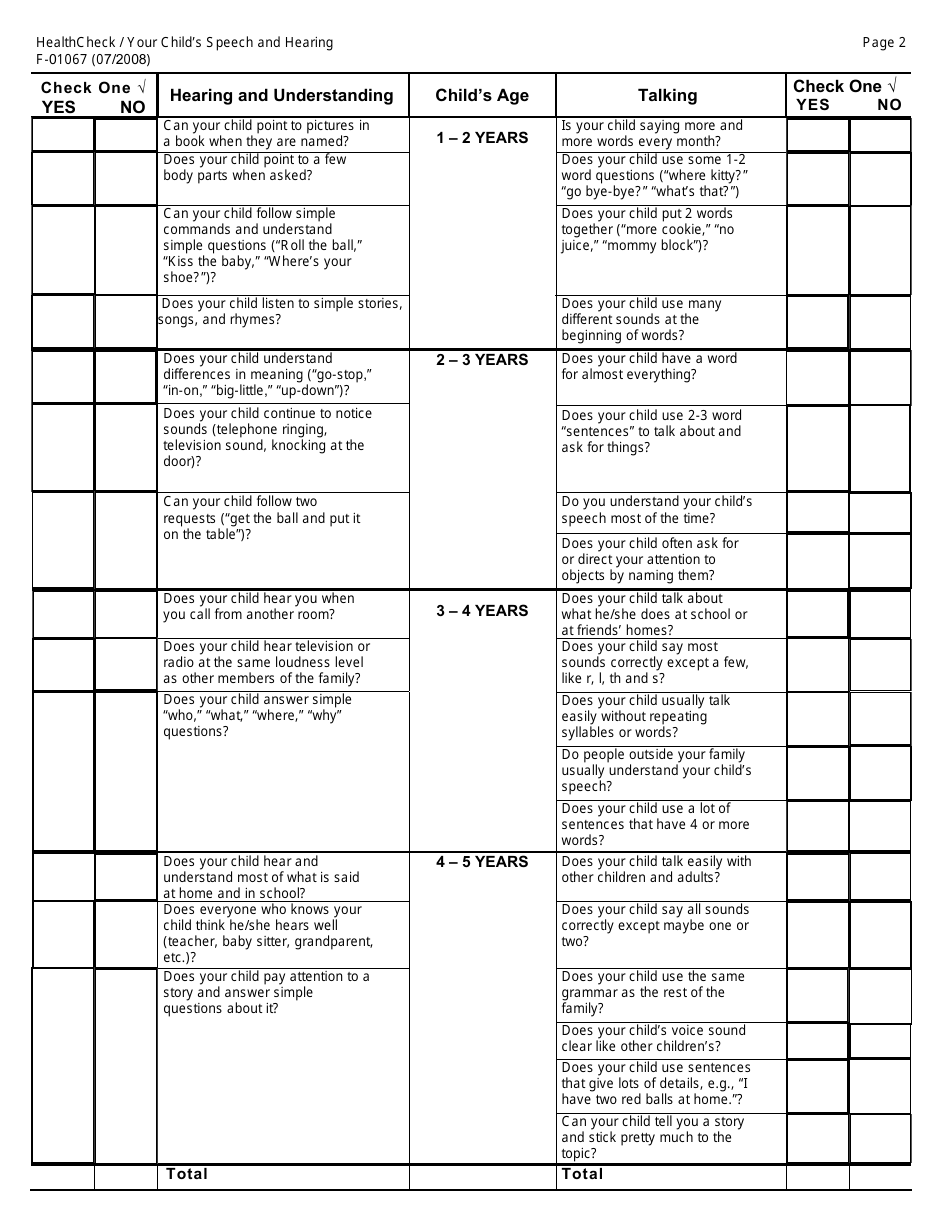 Form F-01067 Healthcheck Your Childs Speech and Hearing - Wisconsin, Page 2