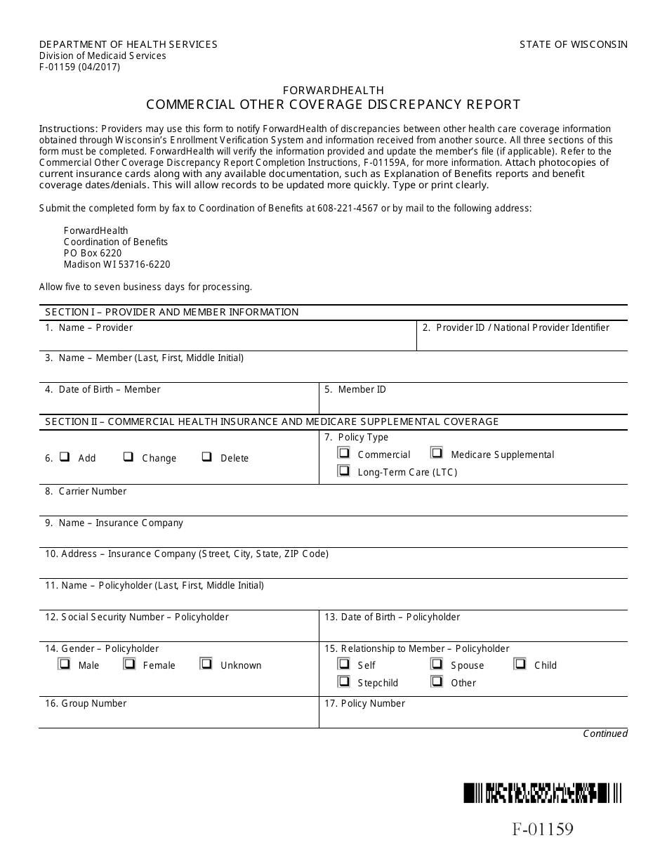 Form F-01159 Commercial Other Coverage Discrepancy Report - Wisconsin, Page 1