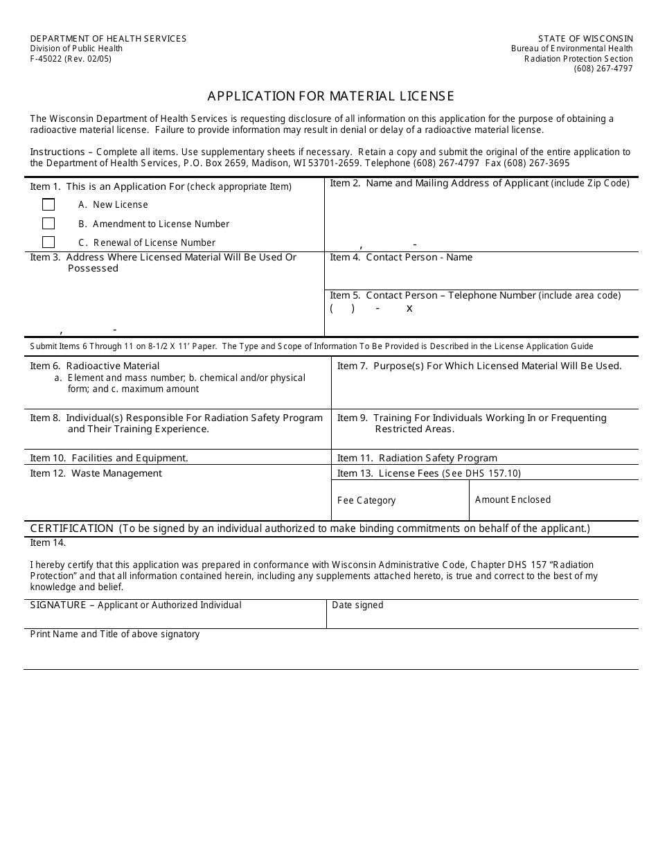 Form F-45022 Application for Material License - Wisconsin, Page 1