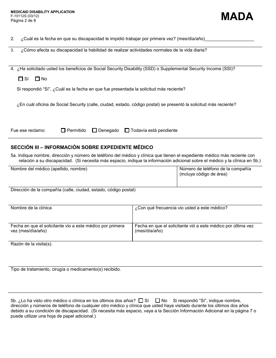Formulario F-10112 Medicaid - Solicitud De Discapacidad - Wisconsin (Spanish), Page 2