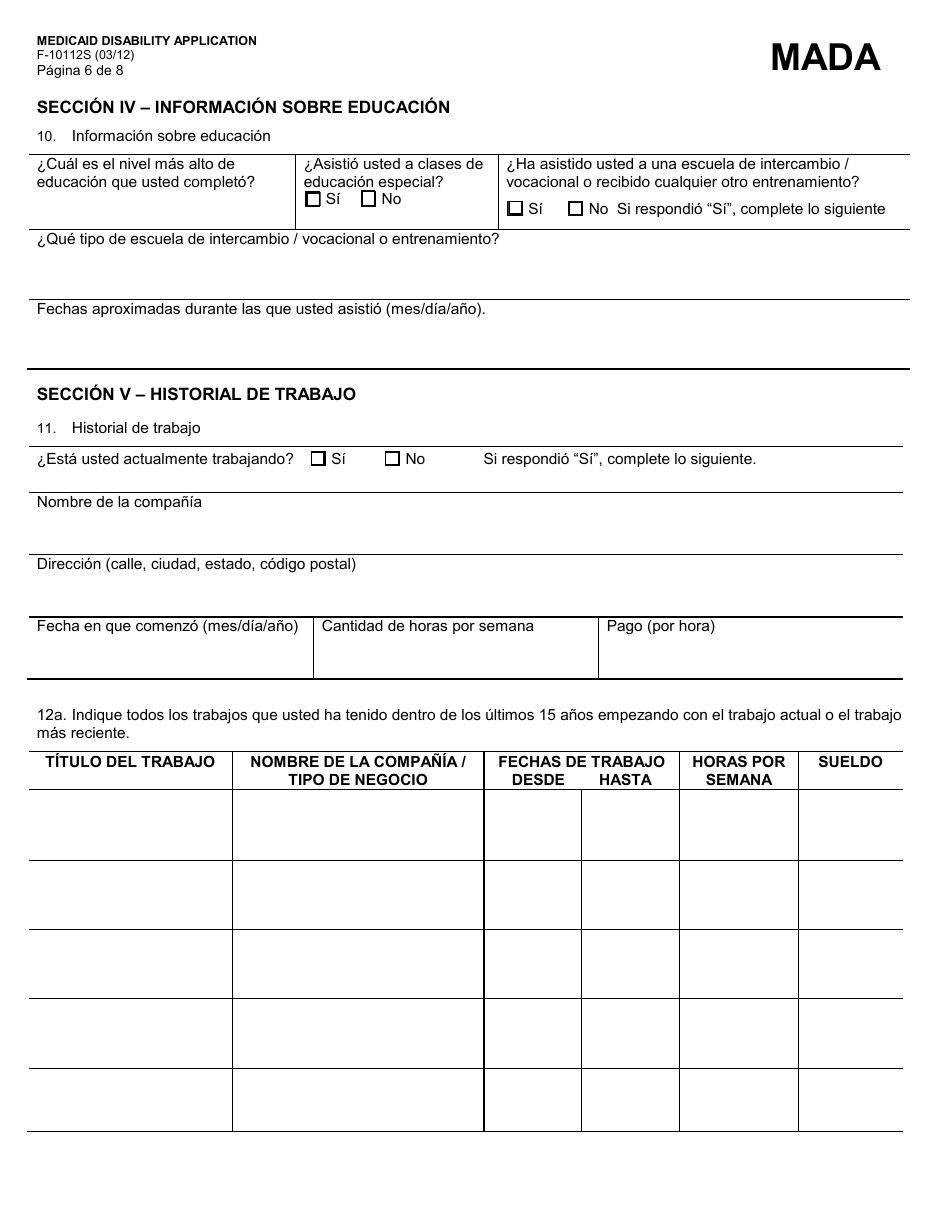 Formulario F-10112 Medicaid - Solicitud De Discapacidad - Wisconsin (Spanish), Page 6