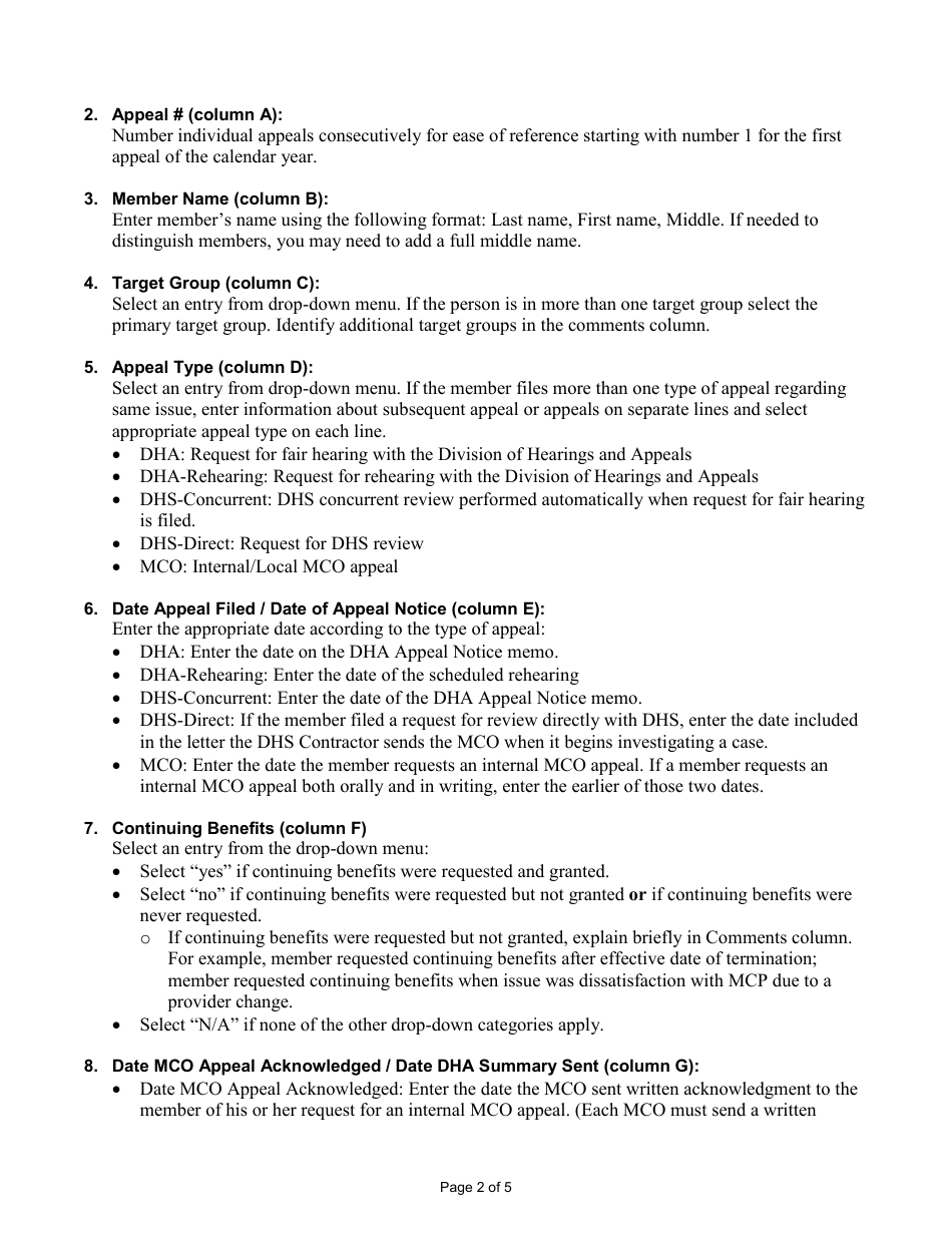 Instructions for Form F-02466 Mco Appeal Log for Family Care, Family Care Partnership, and Pace Programs - Wisconsin, Page 2