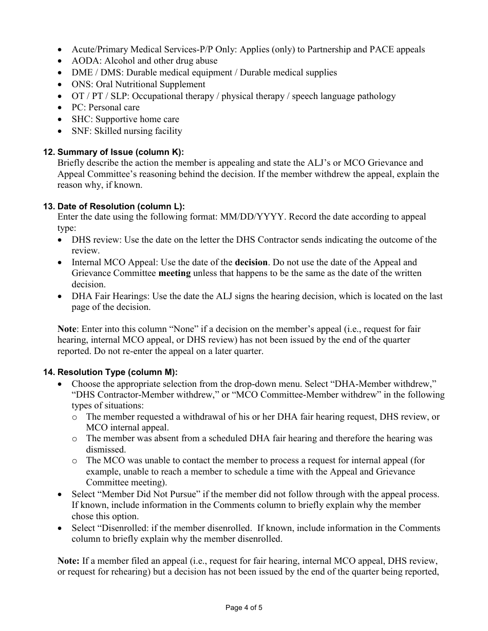 Instructions for Form F-02466 Mco Appeal Log for Family Care, Family Care Partnership, and Pace Programs - Wisconsin, Page 4