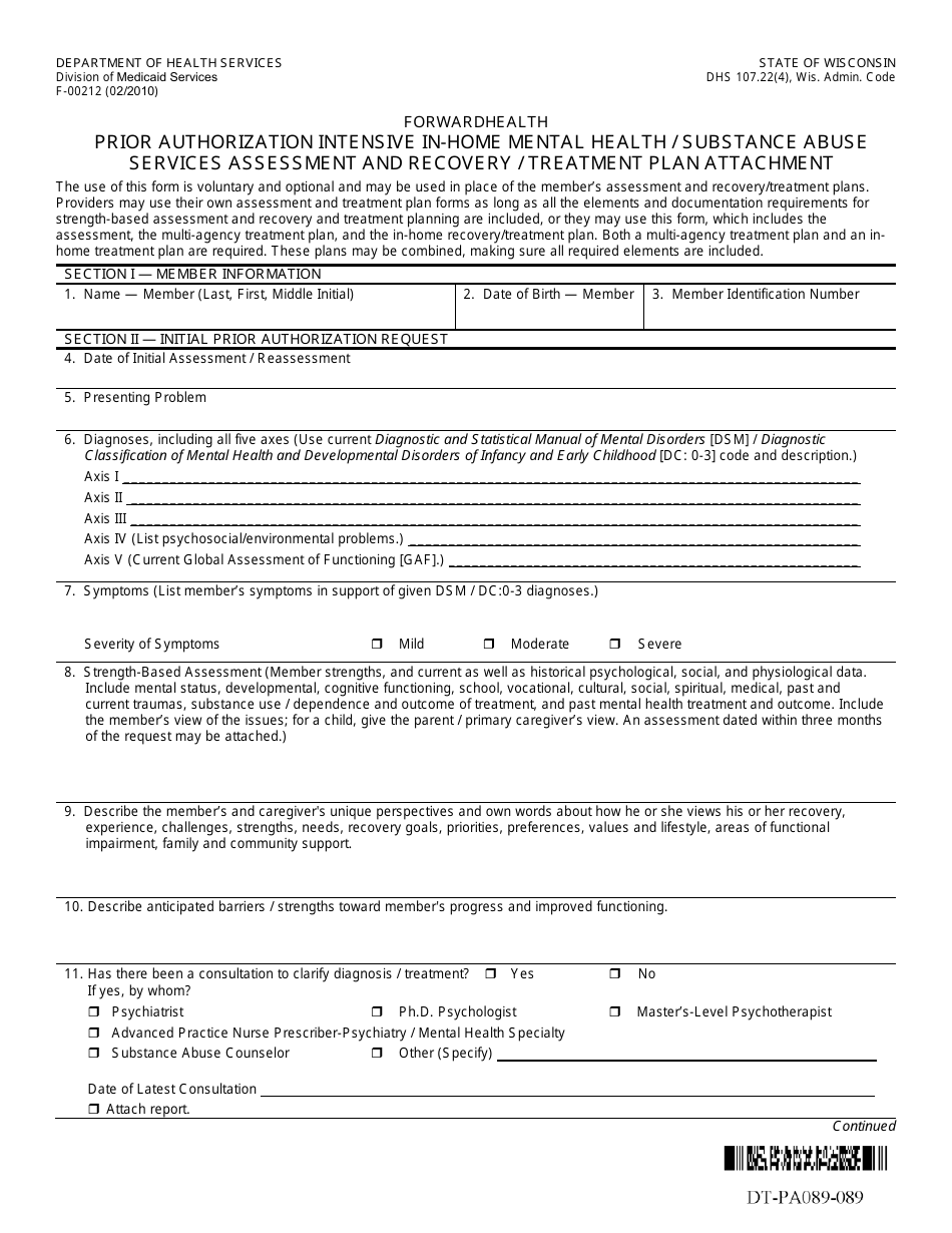 Form F-00212 Prior Authorization Intensive in-Home Mental Health/Substance Abuse Services Assessment and Recovery/Treatment Plan Attachment - Wisconsin, Page 1