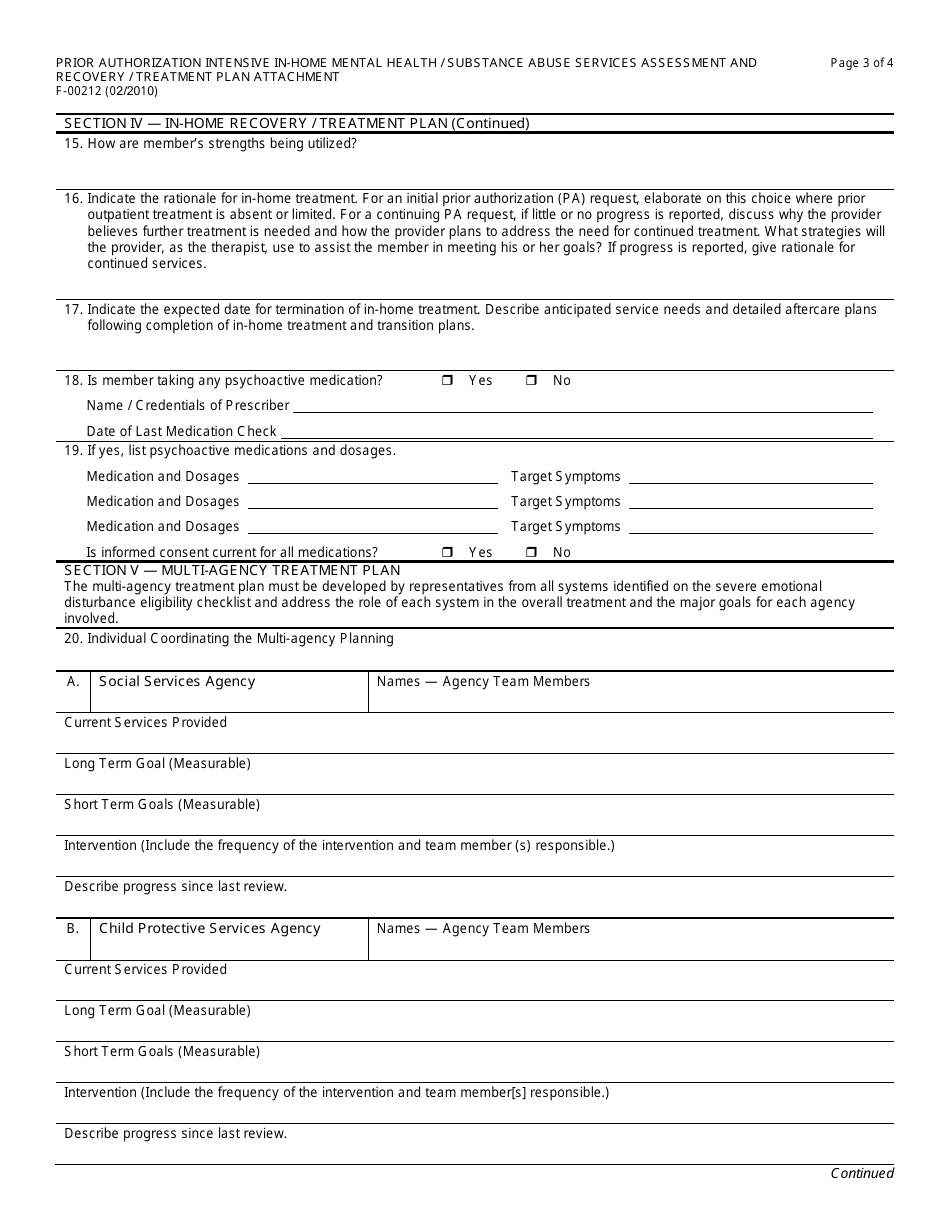Form F-00212 Prior Authorization Intensive in-Home Mental Health / Substance Abuse Services Assessment and Recovery / Treatment Plan Attachment - Wisconsin, Page 3