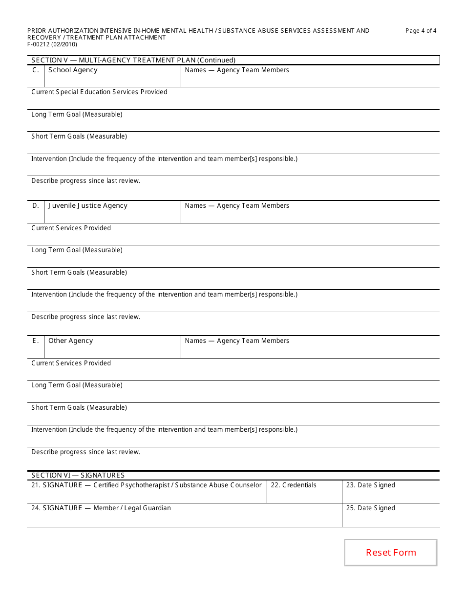 Form F-00212 Prior Authorization Intensive in-Home Mental Health / Substance Abuse Services Assessment and Recovery / Treatment Plan Attachment - Wisconsin, Page 4