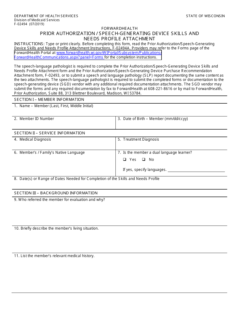 Form F-02494 Prior Authorization / Speech-Generating Device Skills and Needs Profile Attachment - Wisconsin, Page 1