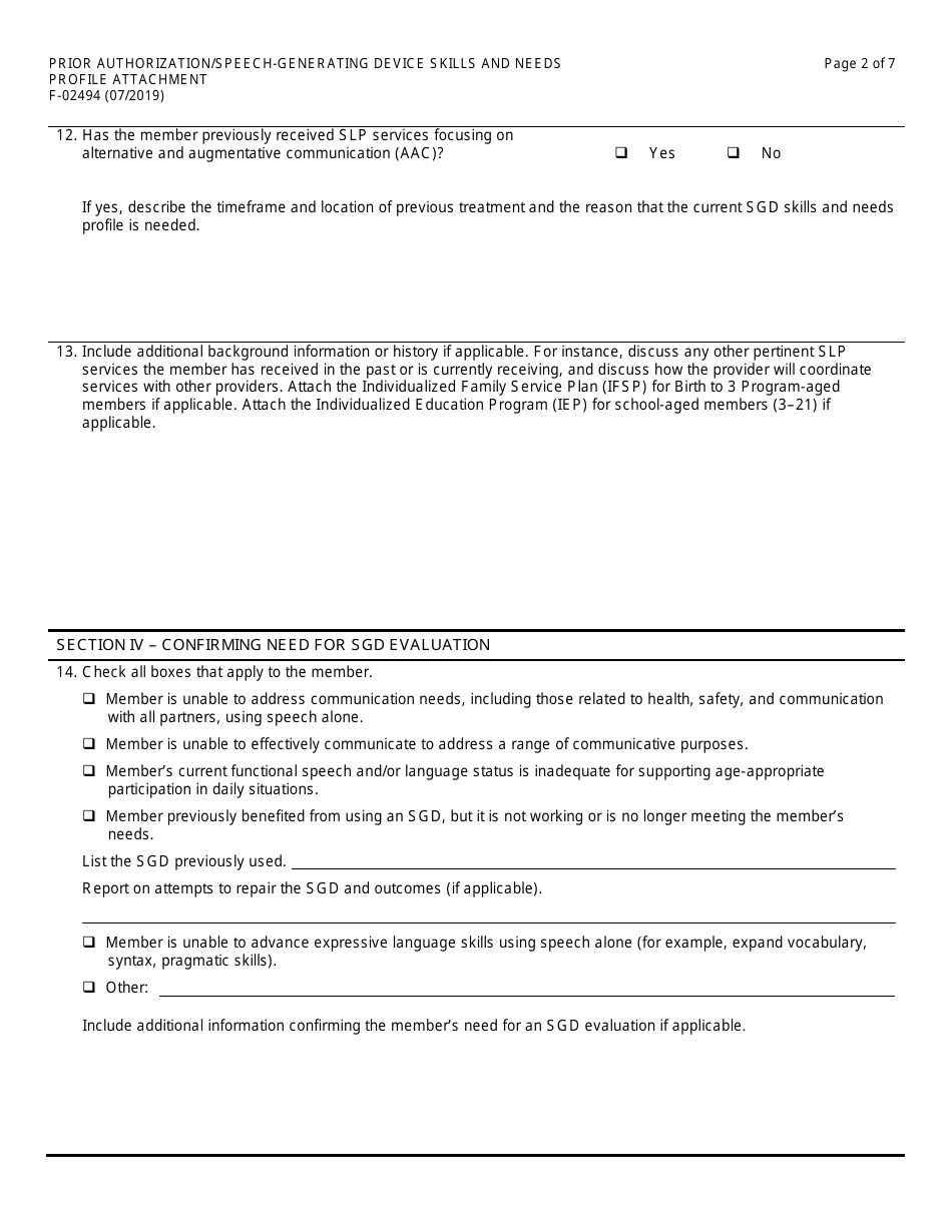 Form F-02494 Prior Authorization / Speech-Generating Device Skills and Needs Profile Attachment - Wisconsin, Page 2