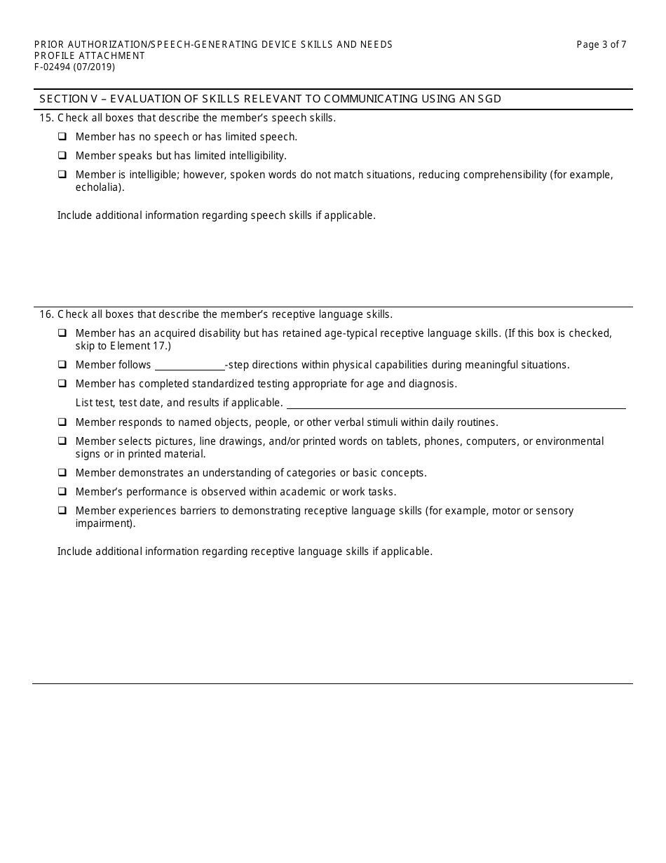 Form F-02494 Prior Authorization / Speech-Generating Device Skills and Needs Profile Attachment - Wisconsin, Page 3