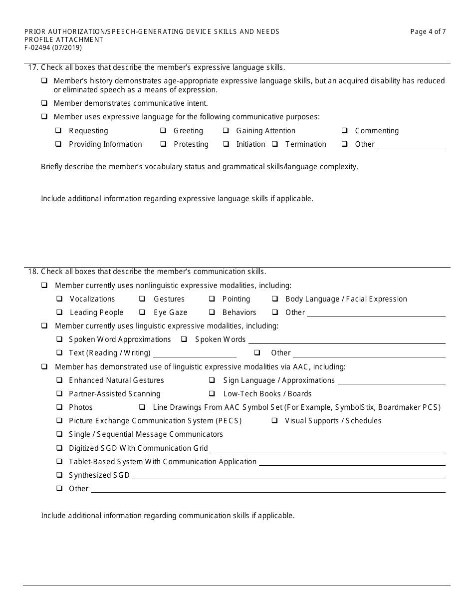 Form F-02494 Prior Authorization / Speech-Generating Device Skills and Needs Profile Attachment - Wisconsin, Page 4