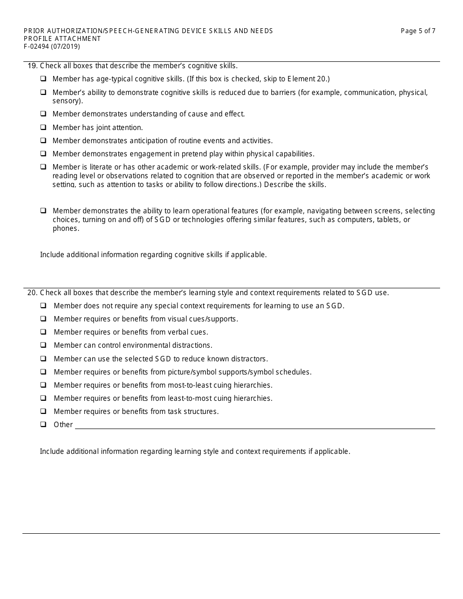 Form F-02494 Prior Authorization / Speech-Generating Device Skills and Needs Profile Attachment - Wisconsin, Page 5
