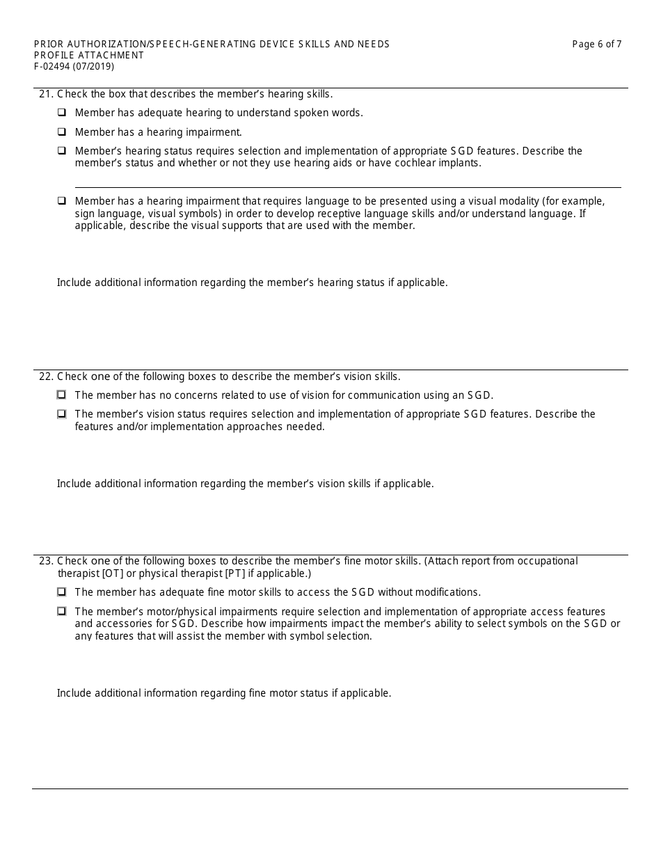 Form F-02494 Prior Authorization / Speech-Generating Device Skills and Needs Profile Attachment - Wisconsin, Page 6