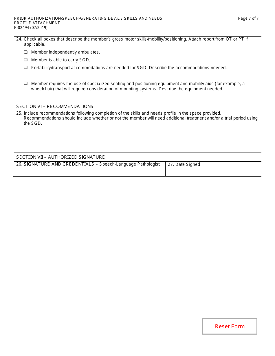 Form F-02494 Prior Authorization / Speech-Generating Device Skills and Needs Profile Attachment - Wisconsin, Page 7