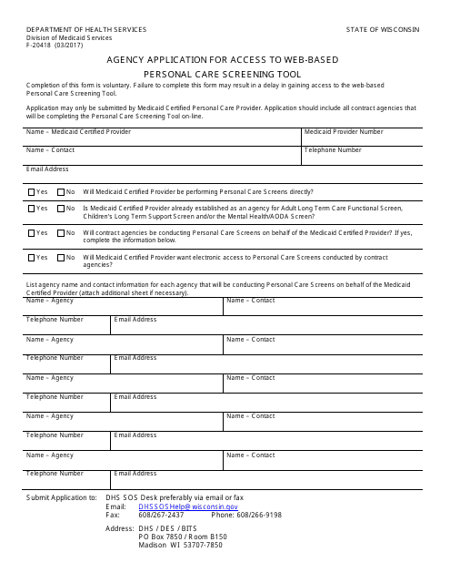 Form F-20418 Agency Application for Access to Web-Based Personal Care Screening Tool - Wisconsin