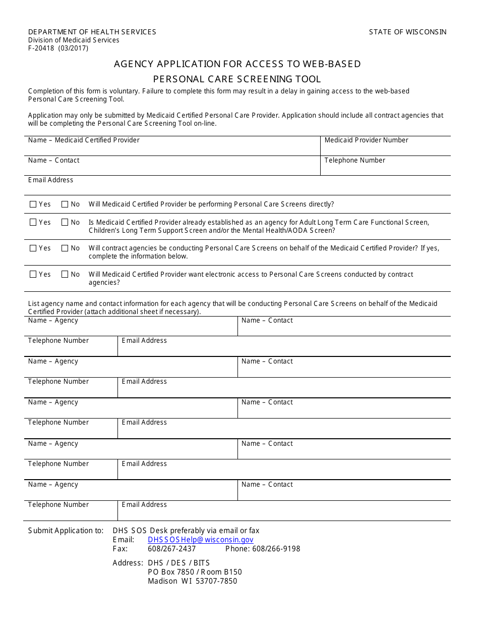 Form F-20418 Agency Application for Access to Web-Based Personal Care Screening Tool - Wisconsin, Page 1