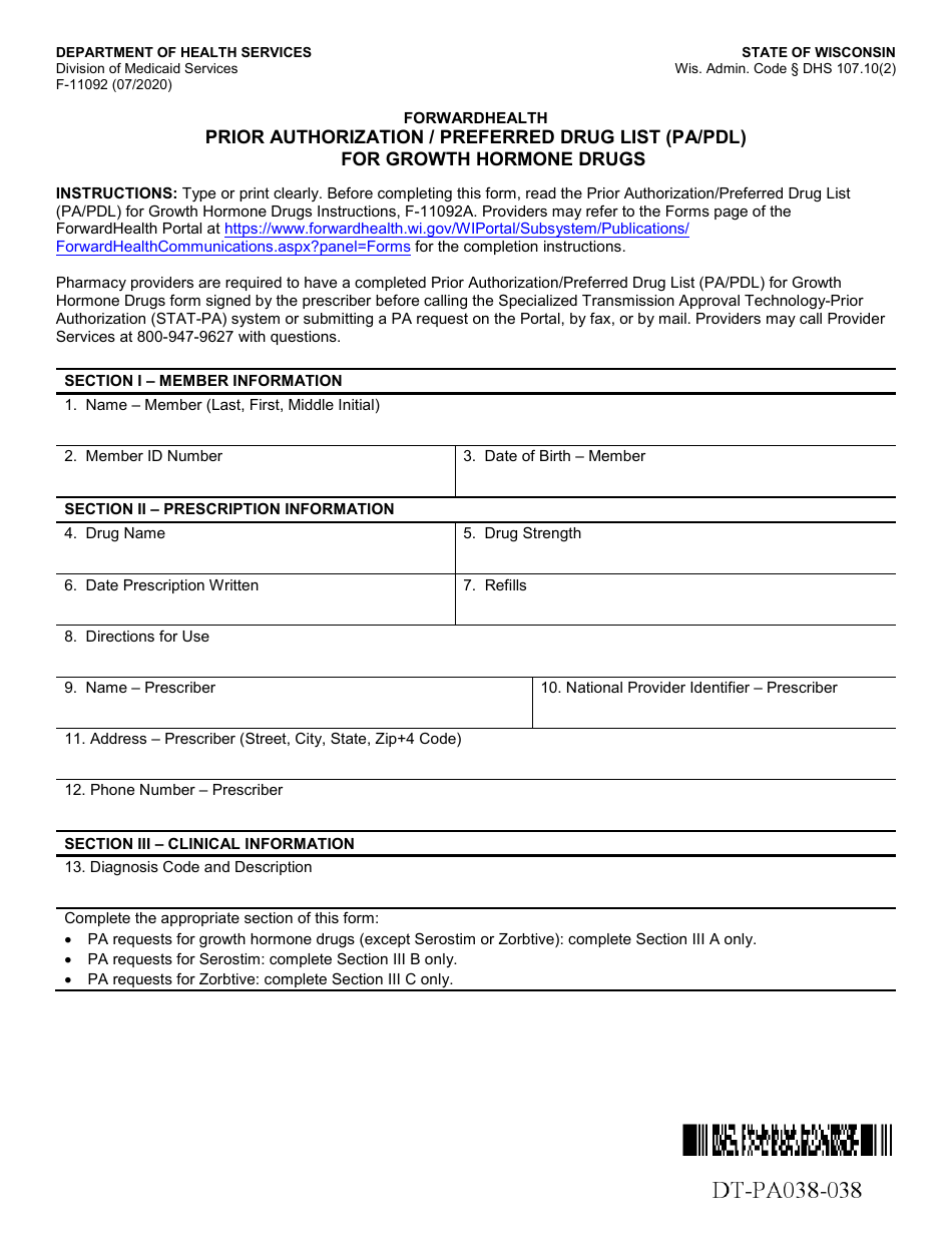 Form F-11092 Prior Authorization / Preferred Drug List (Pa / Pdl) for Growth Hormone Drugs - Wisconsin, Page 1