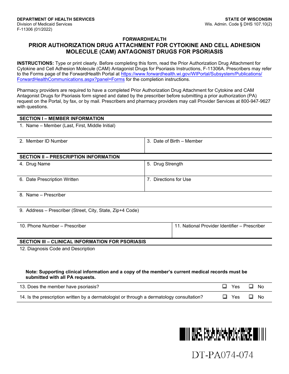 Form F-11306 Prior Authorization Drug Attachment for Cytokine and Cell Adhesion Molecule (Cam) Antagonist Drugs for Psoriasis - Wisconsin, Page 1