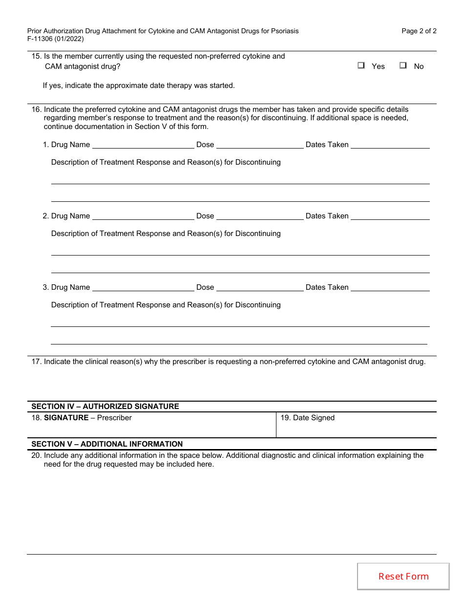 Form F-11306 Prior Authorization Drug Attachment for Cytokine and Cell Adhesion Molecule (Cam) Antagonist Drugs for Psoriasis - Wisconsin, Page 2