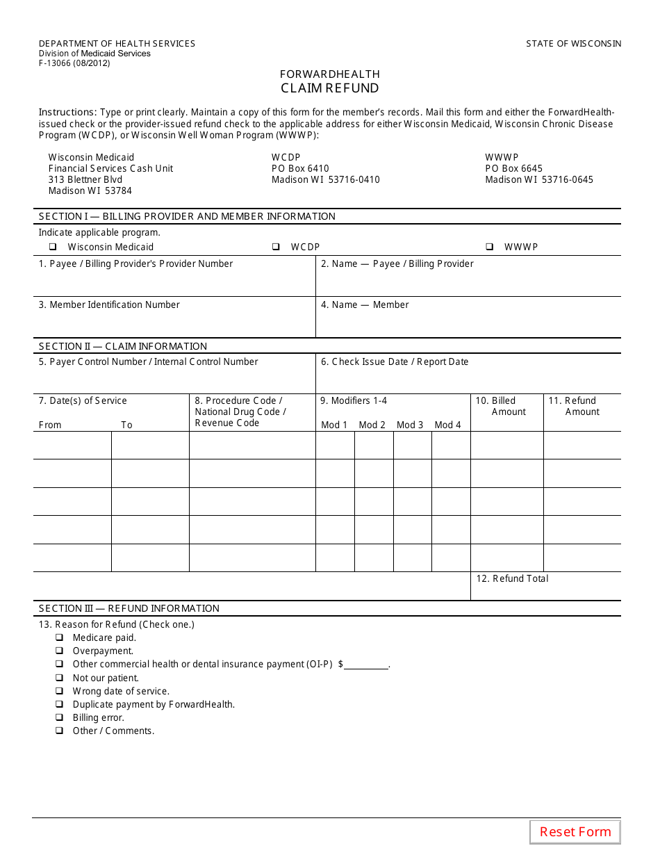 Form F-13066 Claim Refund - Wisconsin, Page 1