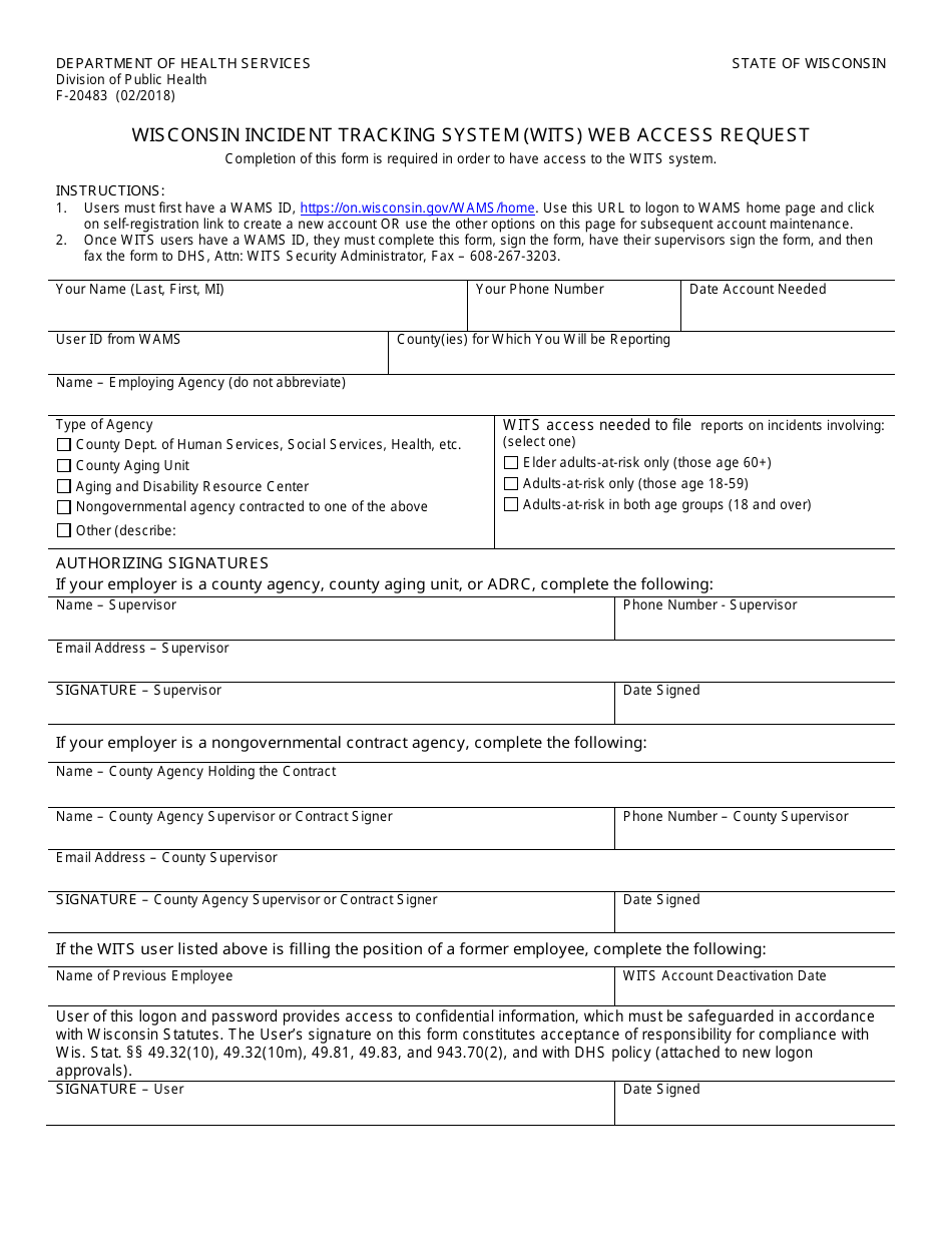 Form F-20483 Wisconsin Incident Tracking System (Wits) Web Access Request - Wisconsin, Page 1