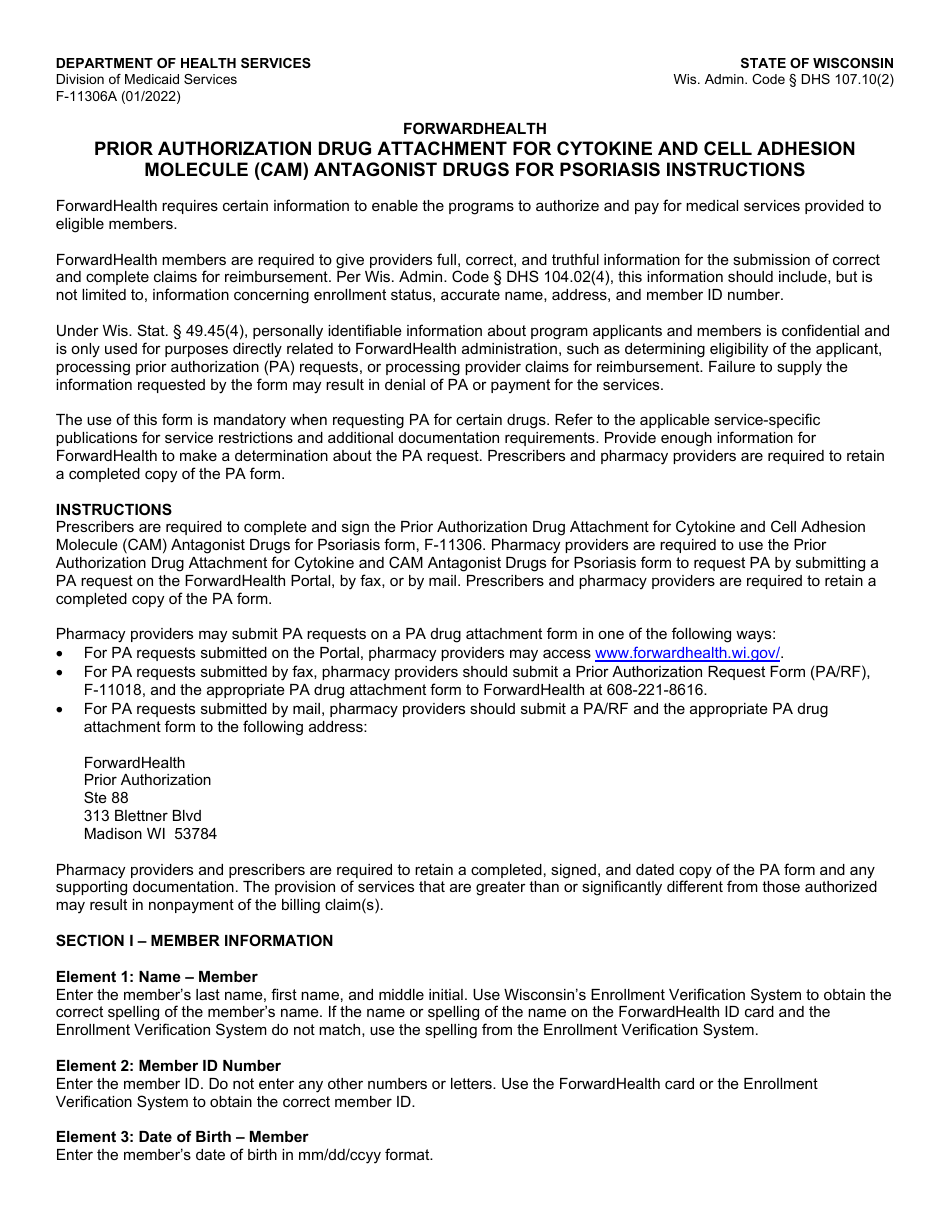 Instructions for Form F-11306 Prior Authorization Drug Attachment for Cytokine and Cell Adhesion Molecule (Cam) Antagonist Drugs for Psoriasis - Wisconsin, Page 1