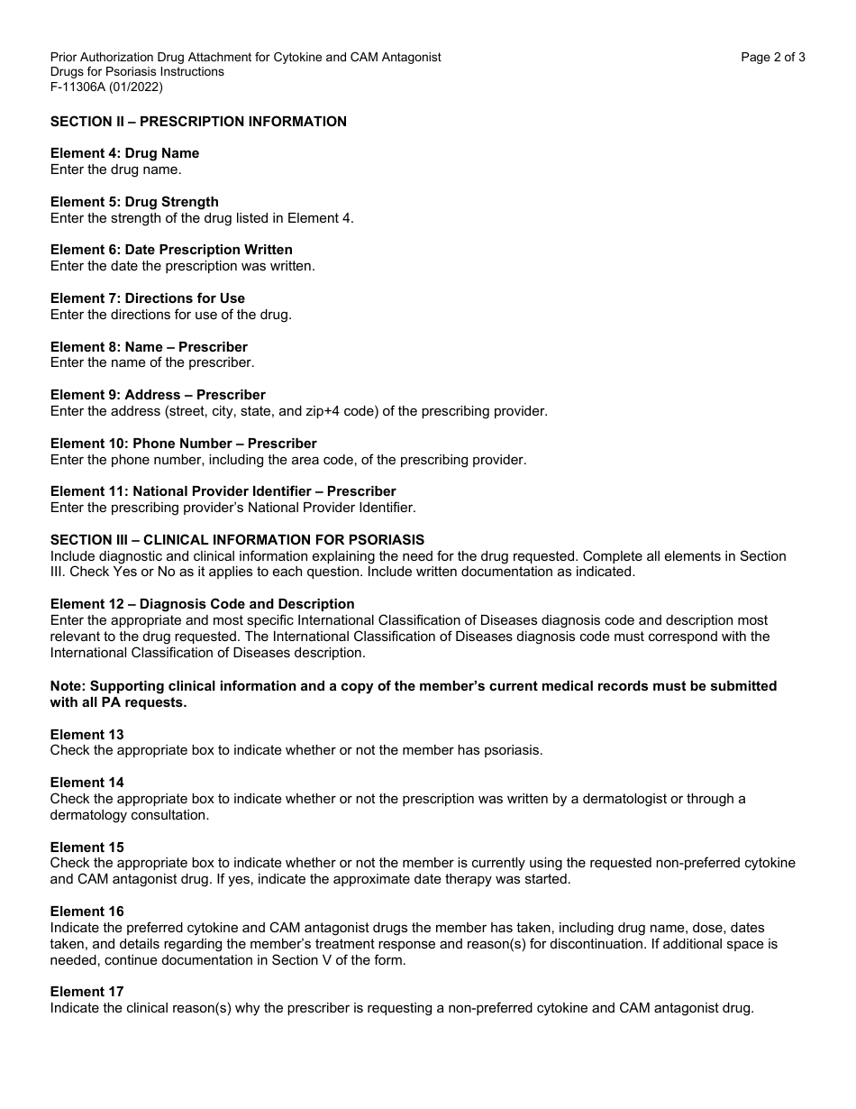 Instructions for Form F-11306 Prior Authorization Drug Attachment for Cytokine and Cell Adhesion Molecule (Cam) Antagonist Drugs for Psoriasis - Wisconsin, Page 2