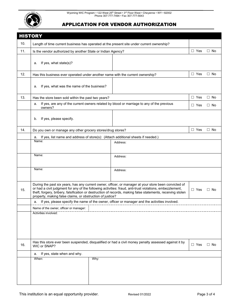 Application for Vendor Authorization -wyoming Wic Program - Wyoming, Page 3