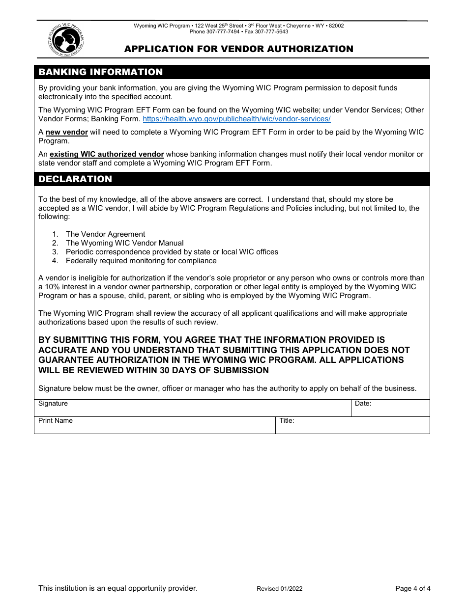 Application for Vendor Authorization -wyoming Wic Program - Wyoming, Page 4