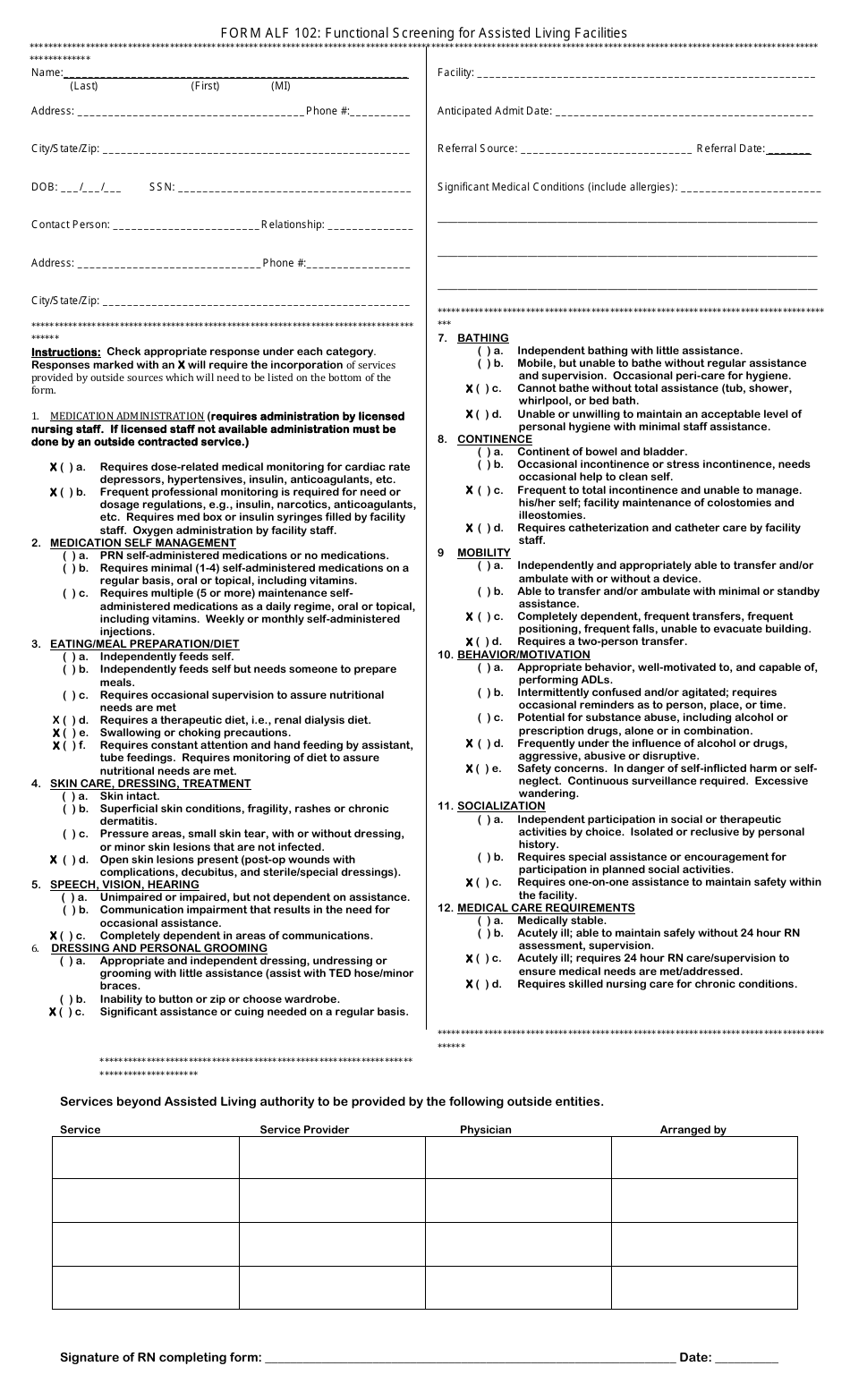 Form ALF102 Functional Screening for Assisted Living Facilities - Wyoming, Page 1