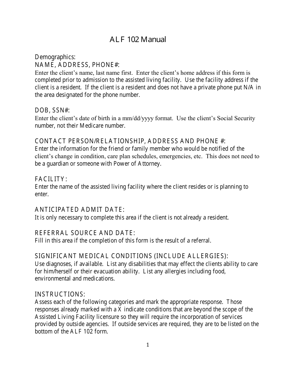 Instructions for Form ALF102 Functional Screening for Assisted Living Facilities - Wyoming, Page 1