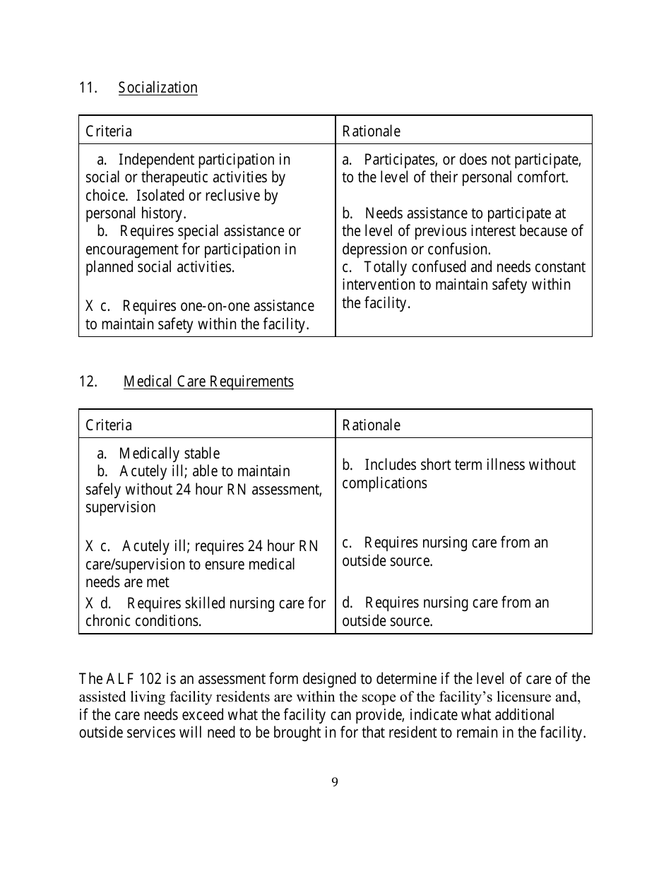 Instructions for Form ALF102 Functional Screening for Assisted Living Facilities - Wyoming, Page 9