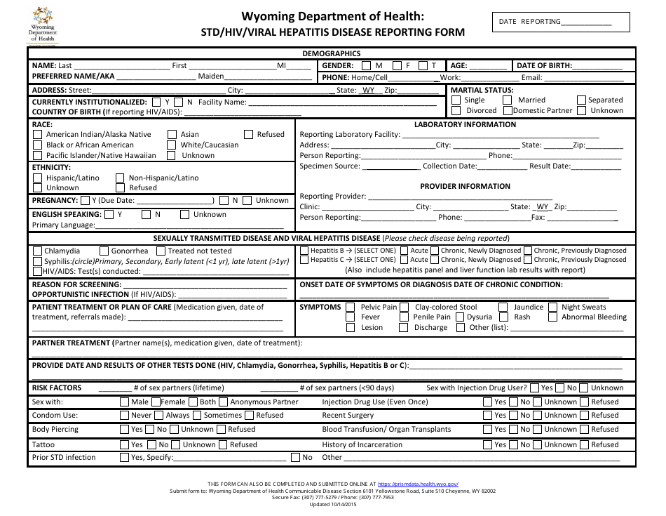 Std / HIV / Viral Hepatitis Disease Reporting Form - Wyoming, Page 1