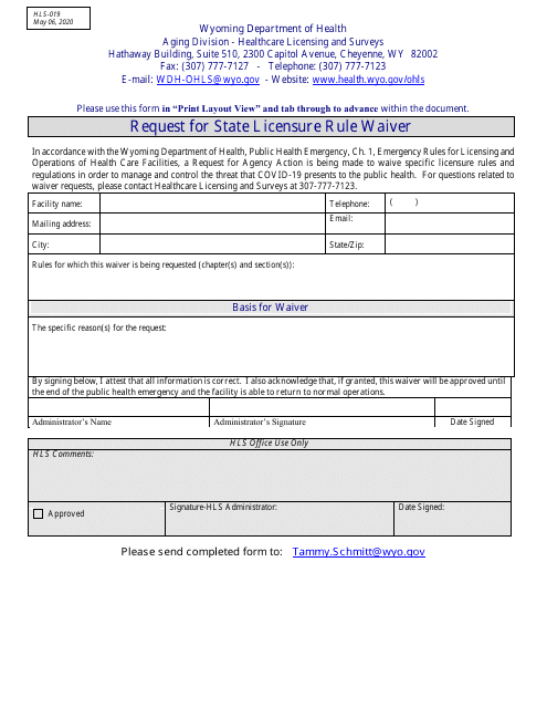 Form HLS-019 Request for State Licensure Rule Waiver - Wyoming