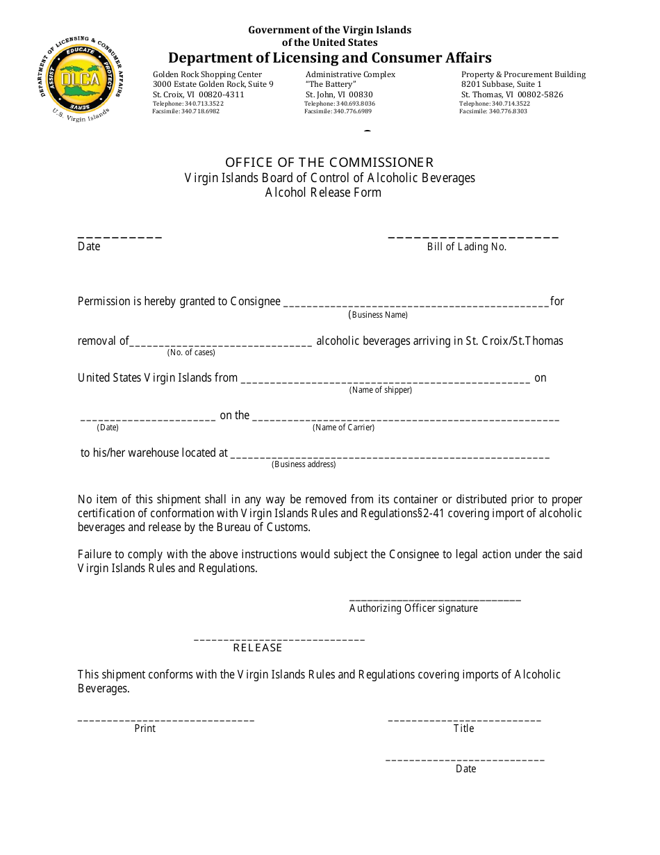 Alcohol Release Form - Virgin Islands, Page 1